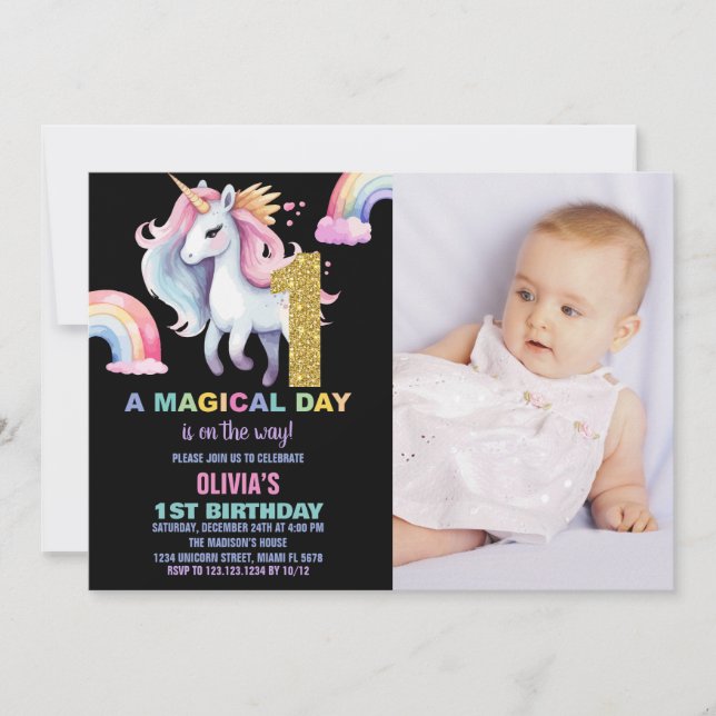 1 Invitaciones de cumpleaños de Rainbow Unicorn co (Anverso)