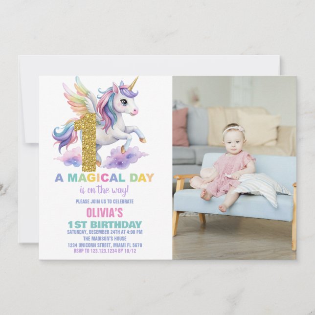 1 Invitaciones de cumpleaños de Rainbow Unicorn co (Anverso)