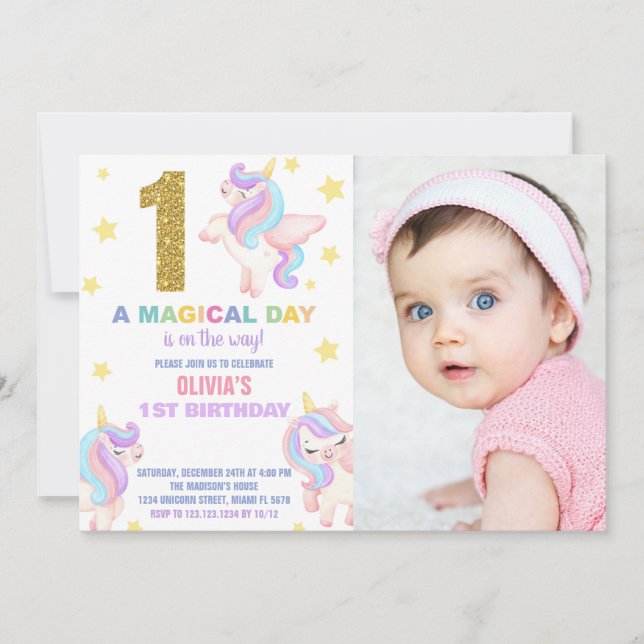 1 Invitaciones de cumpleaños de Rainbow Unicorn co (Anverso)