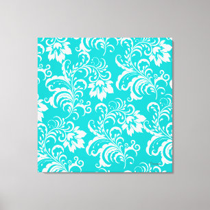 1 Lienzo Azul Teal Blanco Damask Floral