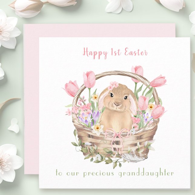 1 Tarjeta de Pascua de la Nieta Rosa Conejita de P (1st Easter Bunny Pink Granddaughter Easter Card)