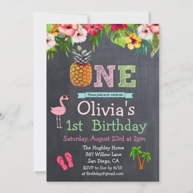 1er Primera Cumpleaños Aloha Luau Invitación Tropi (Anverso)