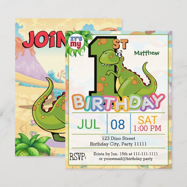 1r Invitación del dinosaurio de la fiesta de (Anverso / Reverso)