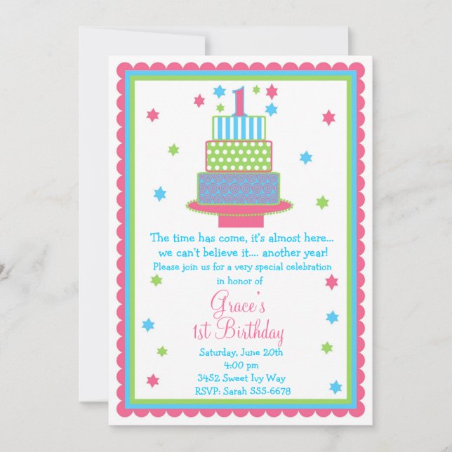 1r Invitación del fiesta de la torta de cumpleaños (Anverso)