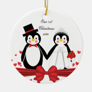 1r ornamento del navidad del pingüino de la boda