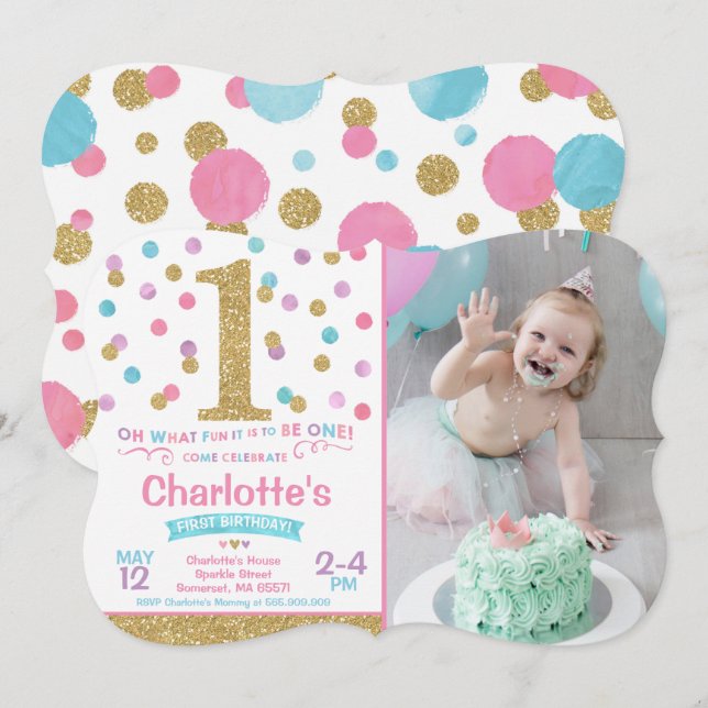 1r rosa de la invitación del cumpleaños del chica (Anverso / Reverso)