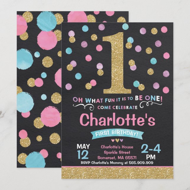 1r rosa de la invitación del cumpleaños del chica (Anverso / Reverso)