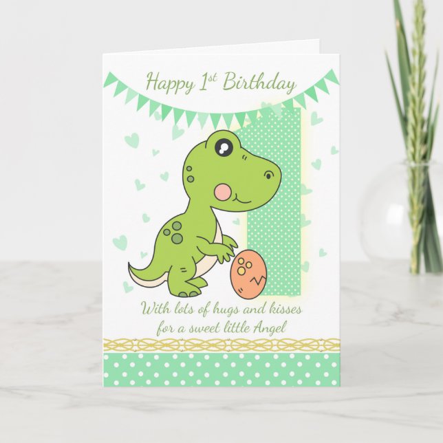 1r Tarjeta del dinosaurio verde del cumpleaños, (Anverso)