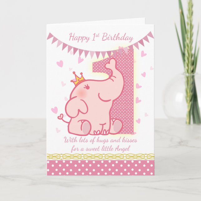 1r Tarjeta del elefante rosado del cumpleaños, (Anverso)
