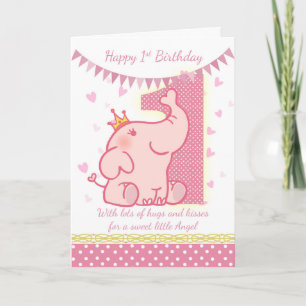 1r Tarjeta del elefante rosado del cumpleaños,