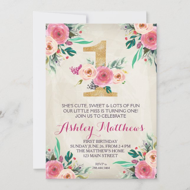 1ra del cumpleaños invitación floral hermosa (Anverso)