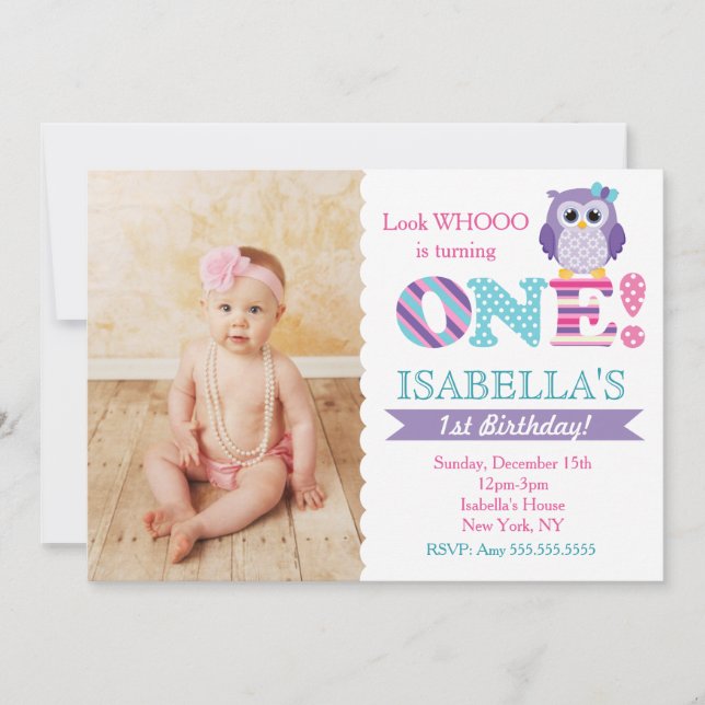 1ras invitaciones del cumpleaños del búho para el (Anverso)