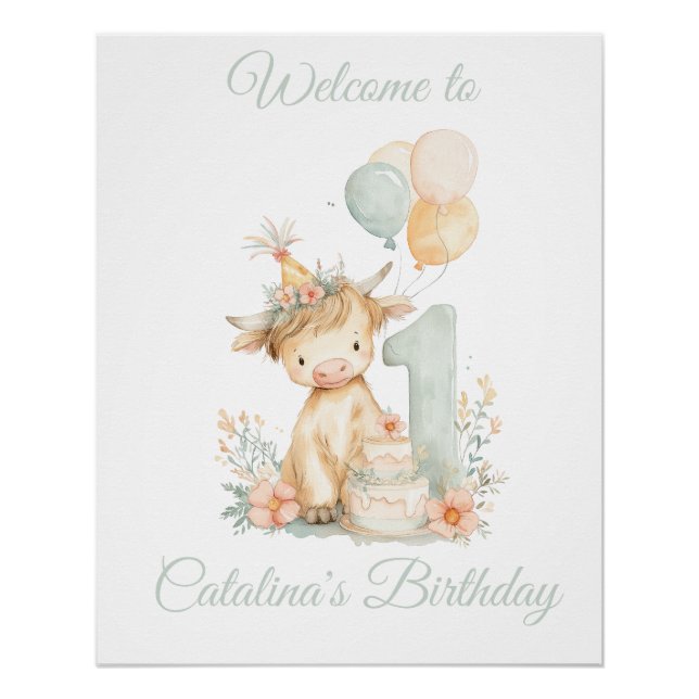 1st Birthday Poster Sign Highland Cow (Anverso)