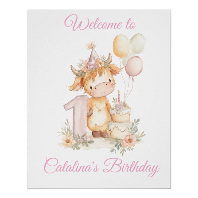1st Birthday Poster Sign Highland Cow (Anverso)