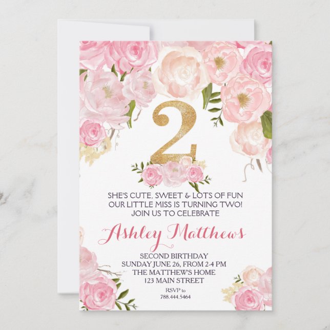 2º cumpleaños, segunda bella invitación floral, (Anverso)