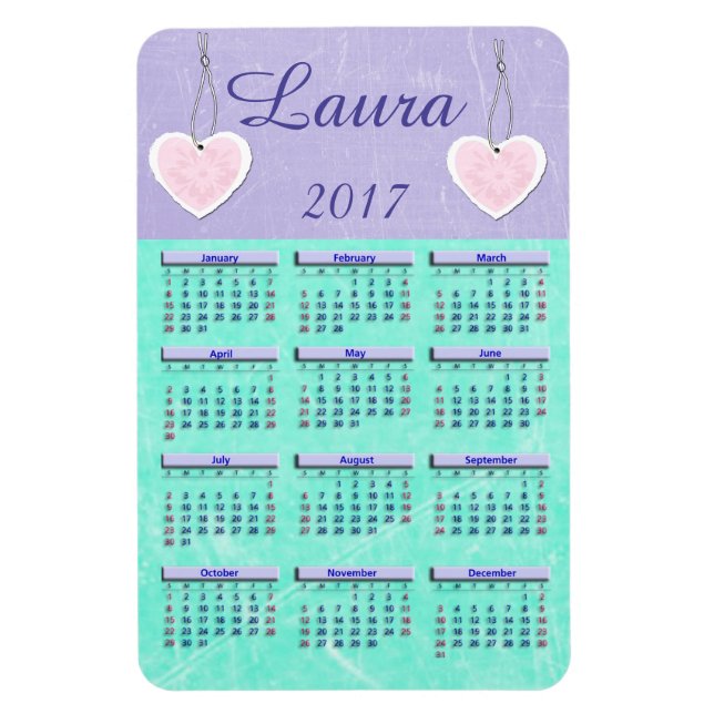 2017 Mini Calendario morado y Verde azulado imán (Vertical)