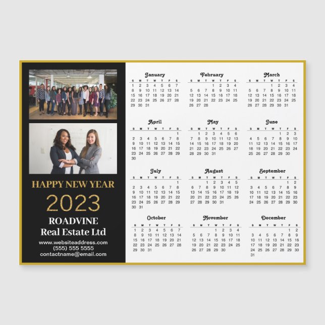 2023 Business 2 Photo Gold Script Calendar Magnet (Anverso)
