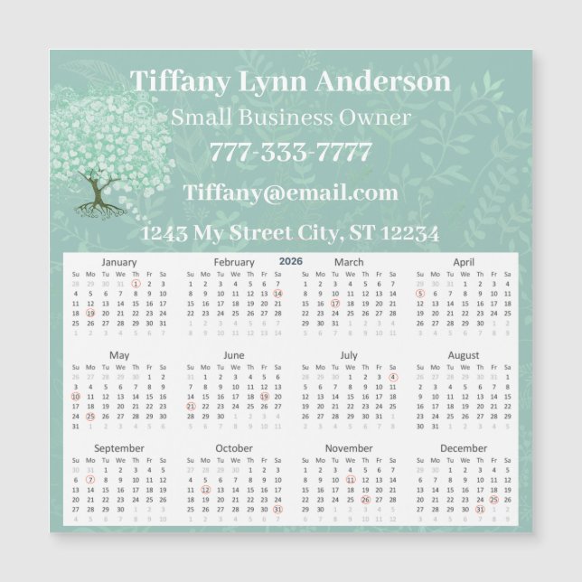 2025 Calendario Árbol de corazón Mint Floral Verde (Anverso)