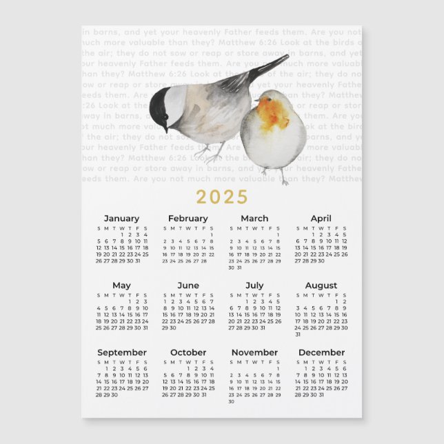 2025 Mateo 6:26 Acuarela Aves Calendario Magnet (Anverso)