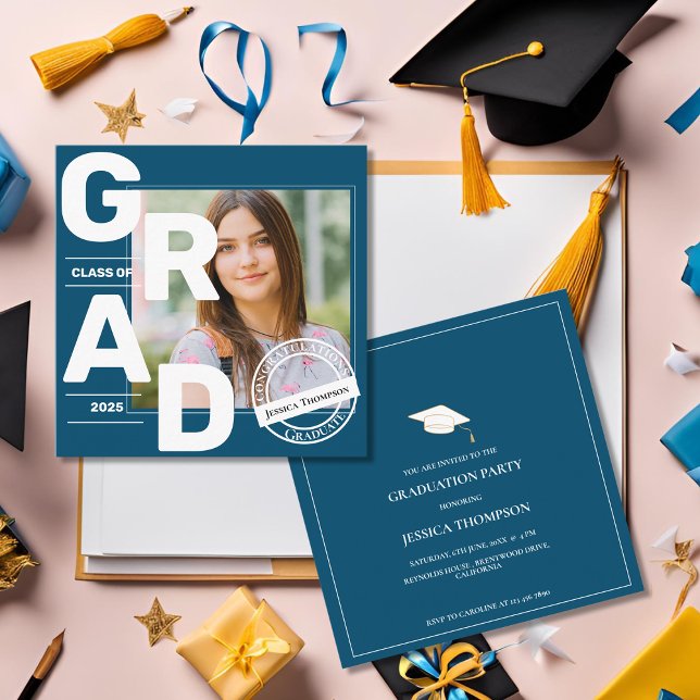2025 Mini Invitación a graduación azul fotográfico (2025 Mini Photo Blue Graduation Invitation)