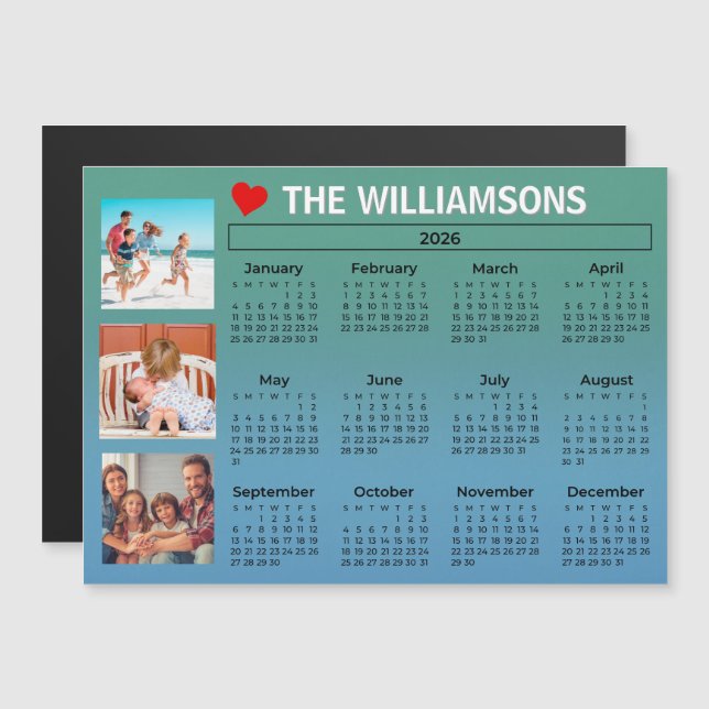 2026 Calendar Blue Green Photo Collage Magnet (Anverso/Reverso)