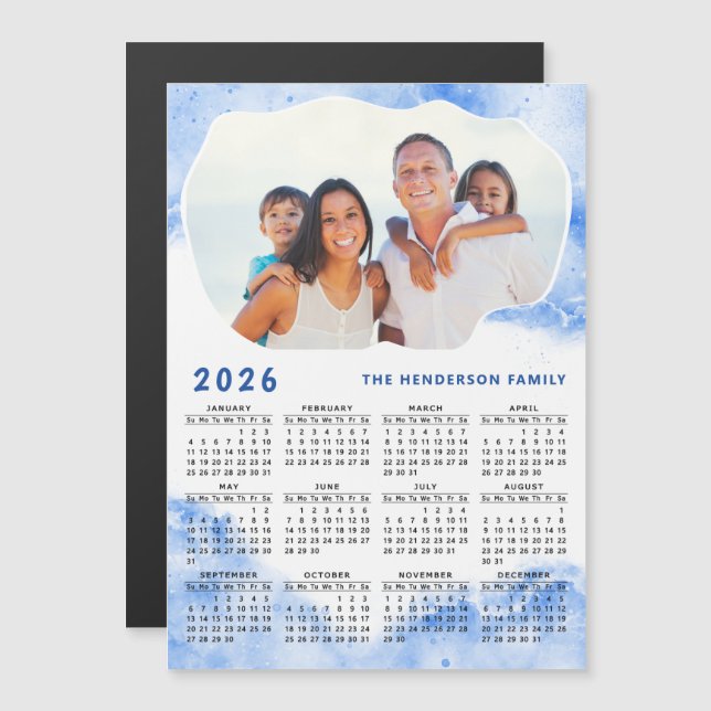 2026 Calendar Magnet Family Photo Name Blue White (Anverso/Reverso)