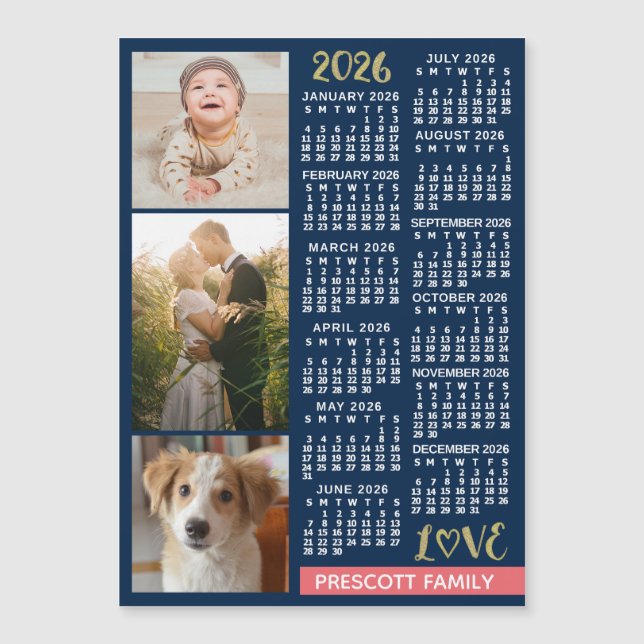 2026 Calendar Navy Coral Gold Photo Collage Magnet (Anverso)