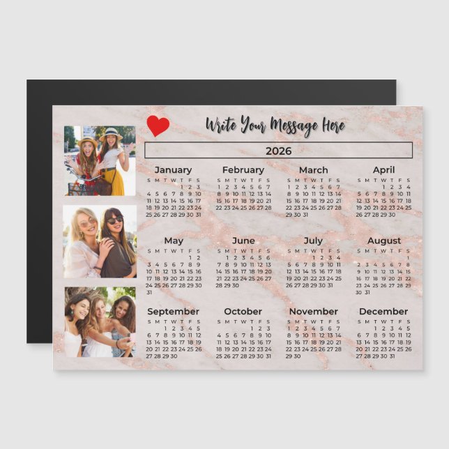 2026 Calendar Pink Marbleized Photo Collage Magnet (Anverso/Reverso)