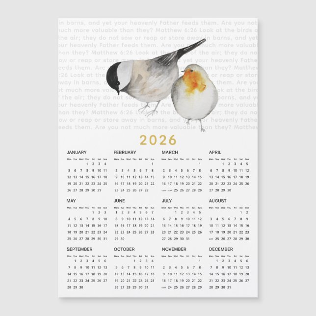 2026 Mateo 6:26 Acuarela Aves Calendario Magnet (Anverso)