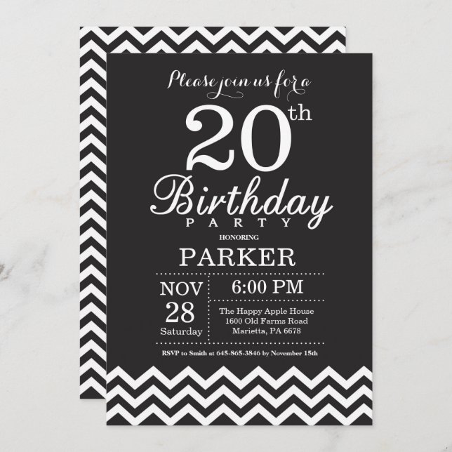20.ª invitación de cumpleaños Chevron blanco y neg (Anverso / Reverso)