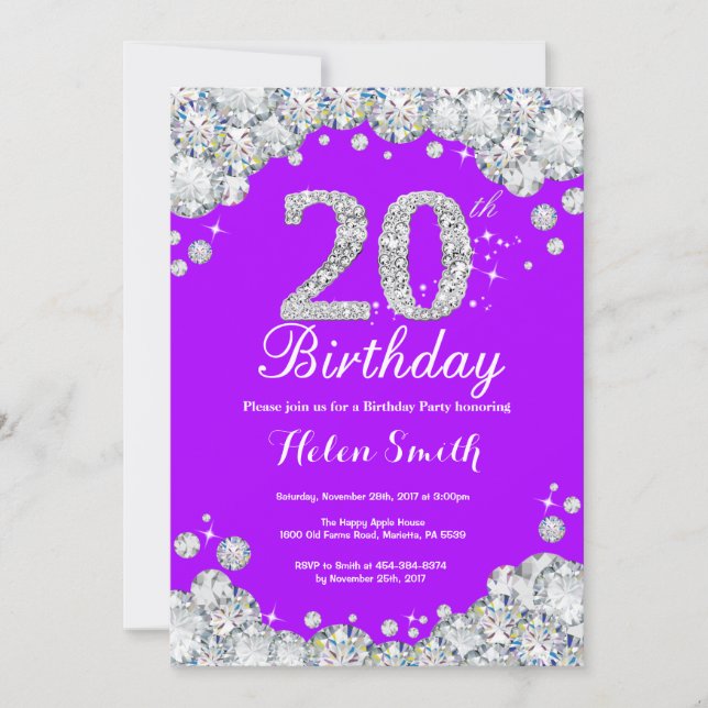 20.ª invitación de cumpleaños Diamante morado y pl (Anverso)