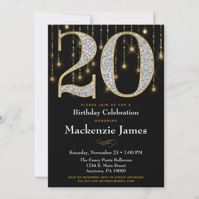 20.ª invitación de cumpleaños Diamantes de oro Neg (Anverso)