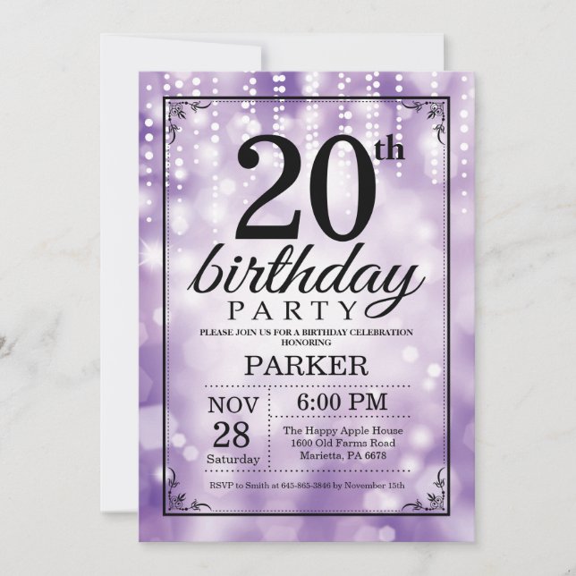 20.ª invitación de cumpleaños Purpurina púrpura (Anverso)