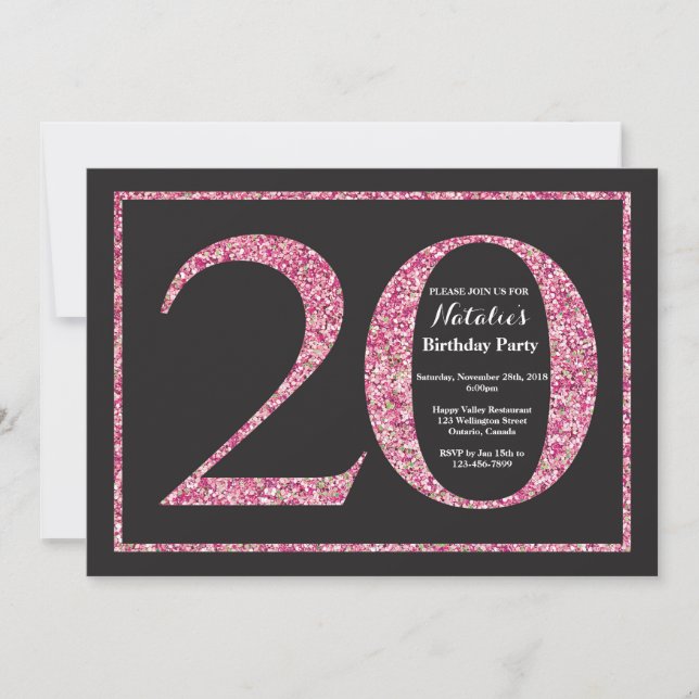 20.ª invitación de cumpleaños Purpurina rosa Chalk (Anverso)