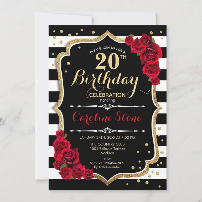 20.ª invitación de cumpleaños Rosas de franjas bla (Anverso)