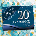 20.ª Reunión Elegante Invitación Azul<br><div class="desc">Guarda la fecha de postales de secundaria o de reunión de clase. Tema azul con falso Relieve metalizado plateado 20 con texto en negrita blanco. Todo el texto es personalizable excepto para los 20 y puede cambiarse para sus propias necesidades de fiesta. También se pueden encontrar carteles de clase en...</div>