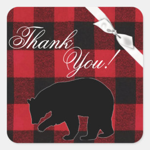20 Gracias Pegatinas Red Buffalo Plaid Bear Black