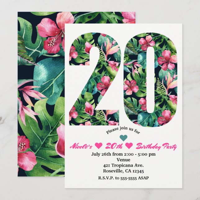 20 Tropical 20 Invitación a la fiesta de cumpleaño (Anverso / Reverso)
