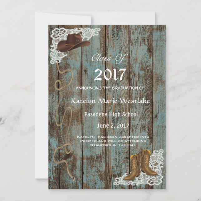 20XX Invitación Rústica, Boots & Lace Graduation (Anverso)