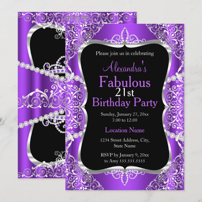 21.ª Fiesta de cumpleaños Invitación negra de plat (Anverso / Reverso)