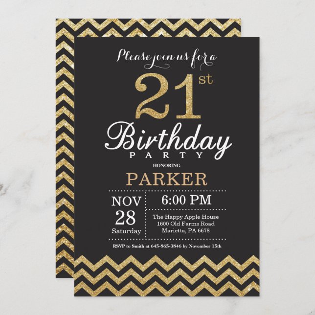 21.ª invitación a cumpleaños Purpurina negro y oro (Anverso / Reverso)