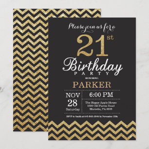 21.ª invitación a cumpleaños Purpurina negro y oro
