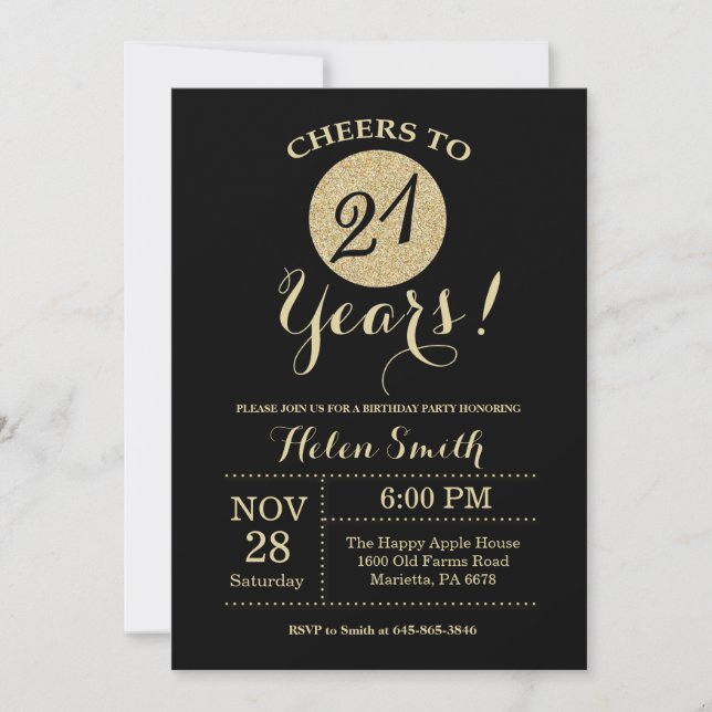 21.ª invitación a cumpleaños Purpurina negro y oro (Anverso)