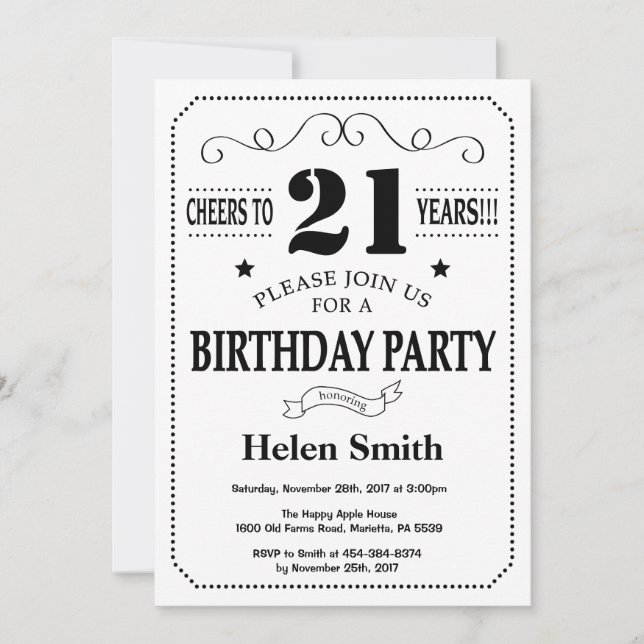 21.ª invitación de cumpleaños blanco y negro (Anverso)