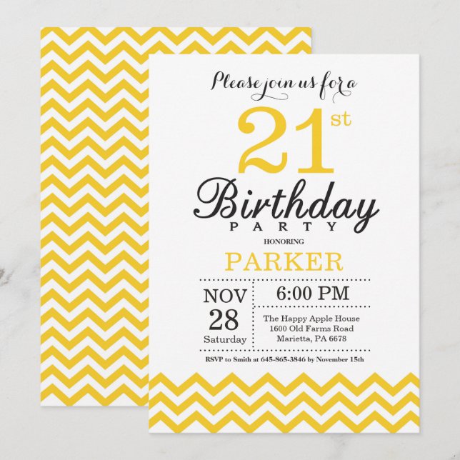 21.ª Invitación de cumpleaños Chevron amarillo (Anverso / Reverso)