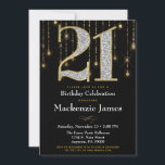 21.ª invitación de cumpleaños Diamantes de oro neg<br><div class="desc">Una elegante invitación para la fiesta de cumpleaños número 21 en negro y oro,  con un gran 21 con diamantes y aspecto dorado junto con una cortina purpurinoso de luces doradas. Para el hombre o la mujer de 21 años en tu vida.</div>