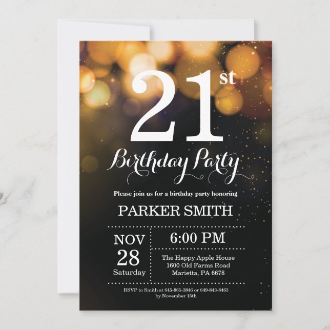 21.ª invitación de cumpleaños Purpurina de oro (Anverso)
