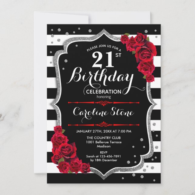 21.ª invitación de cumpleaños Rosas de franjas bla (Anverso)