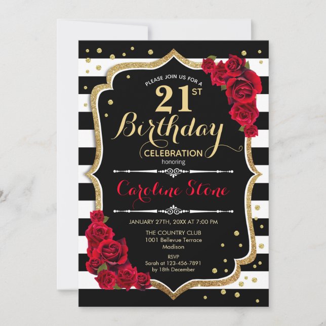 21.ª invitación de cumpleaños Rosas de franjas bla (Anverso)