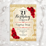 21 Aniversario - Invitación a Rosas de bandas de o<br><div class="desc">Invitación al cumpleaños 21. Diseño elegante en oro y rojo. Presenta franjas de oro purpurina falsas,  letra de guión elegante de rosas rojas y confeti. Perfecto para una fiesta de cumpleaños glam.</div>